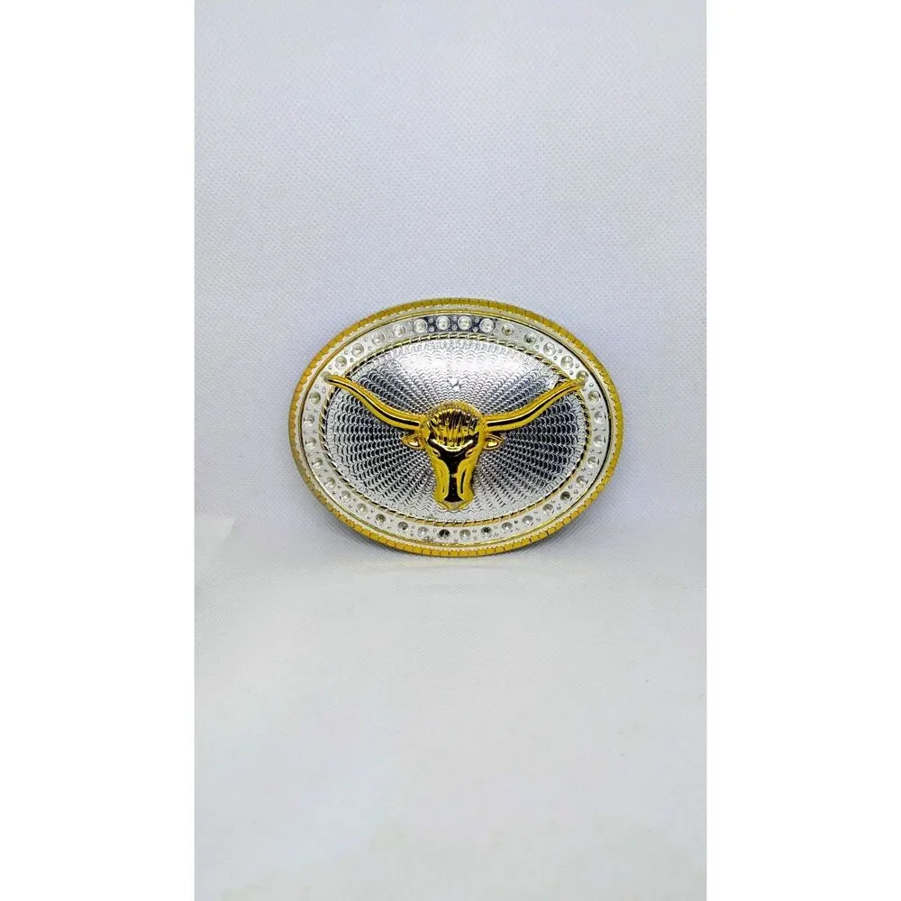 Unisex Vintage Western Longhorn Gold & Silver Two Tone Belt Buckle